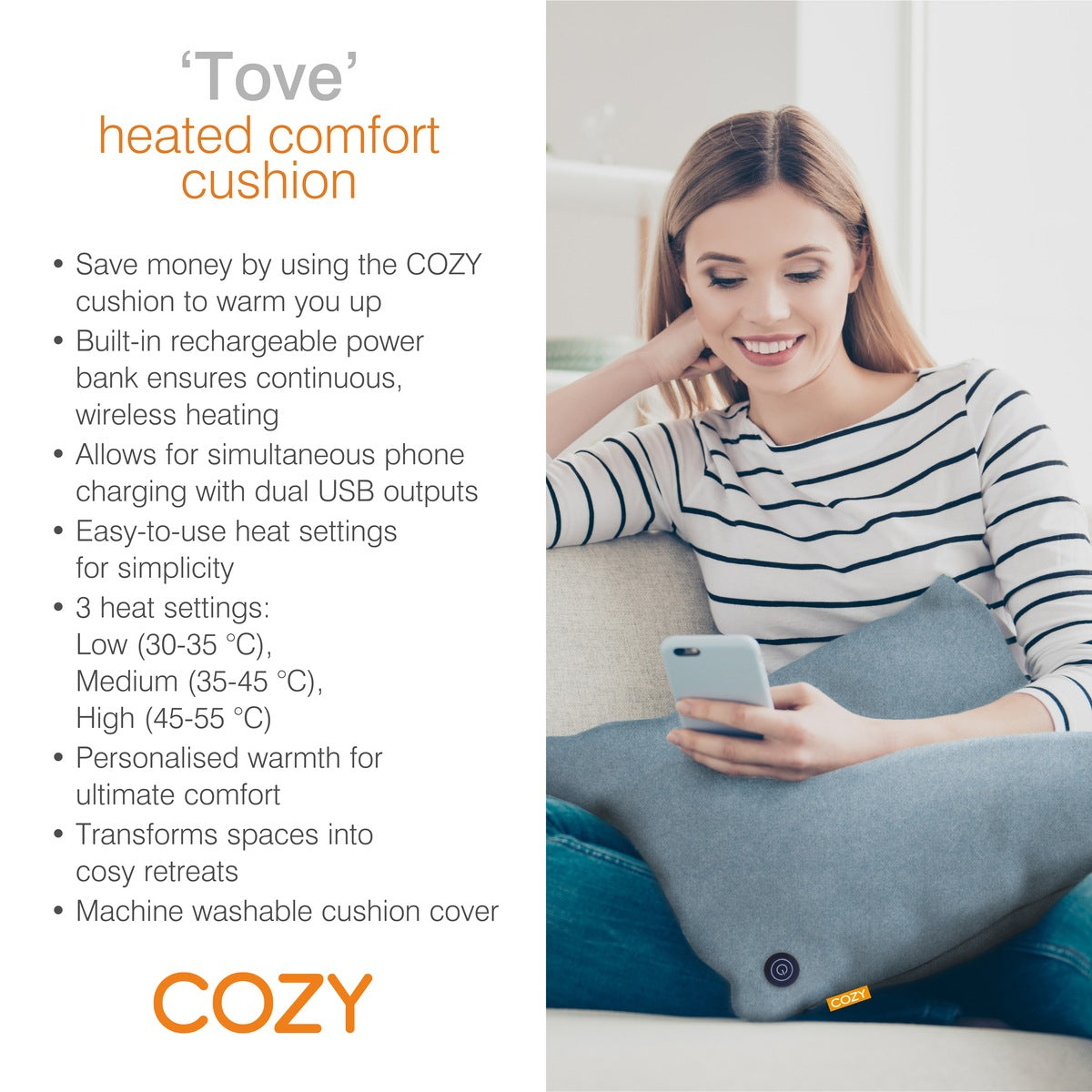 A woman sits on a sofa using a smartphone with a COZY HEATED CUSHION | - TOVE - (60cm x 45cm) on her lap, alongside text describing three heat settings and dual USB outputs from the power bank.