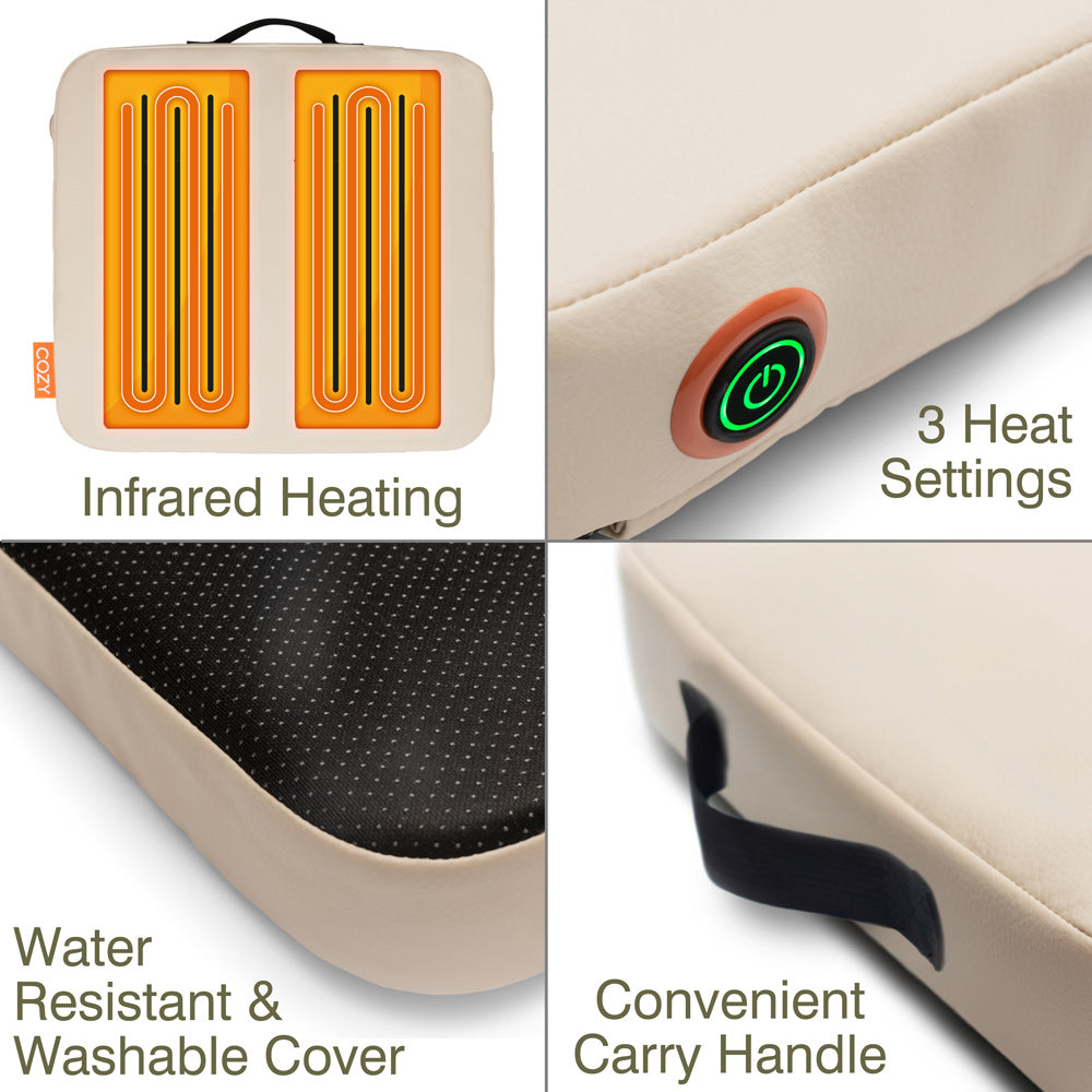 Collage of the COZY Cordless Heated Seat Pad - JORD: features beige pad with infrared heating coils, power button with 3 heat settings, water-resistant and washable black cover, and a convenient black carry handle.
