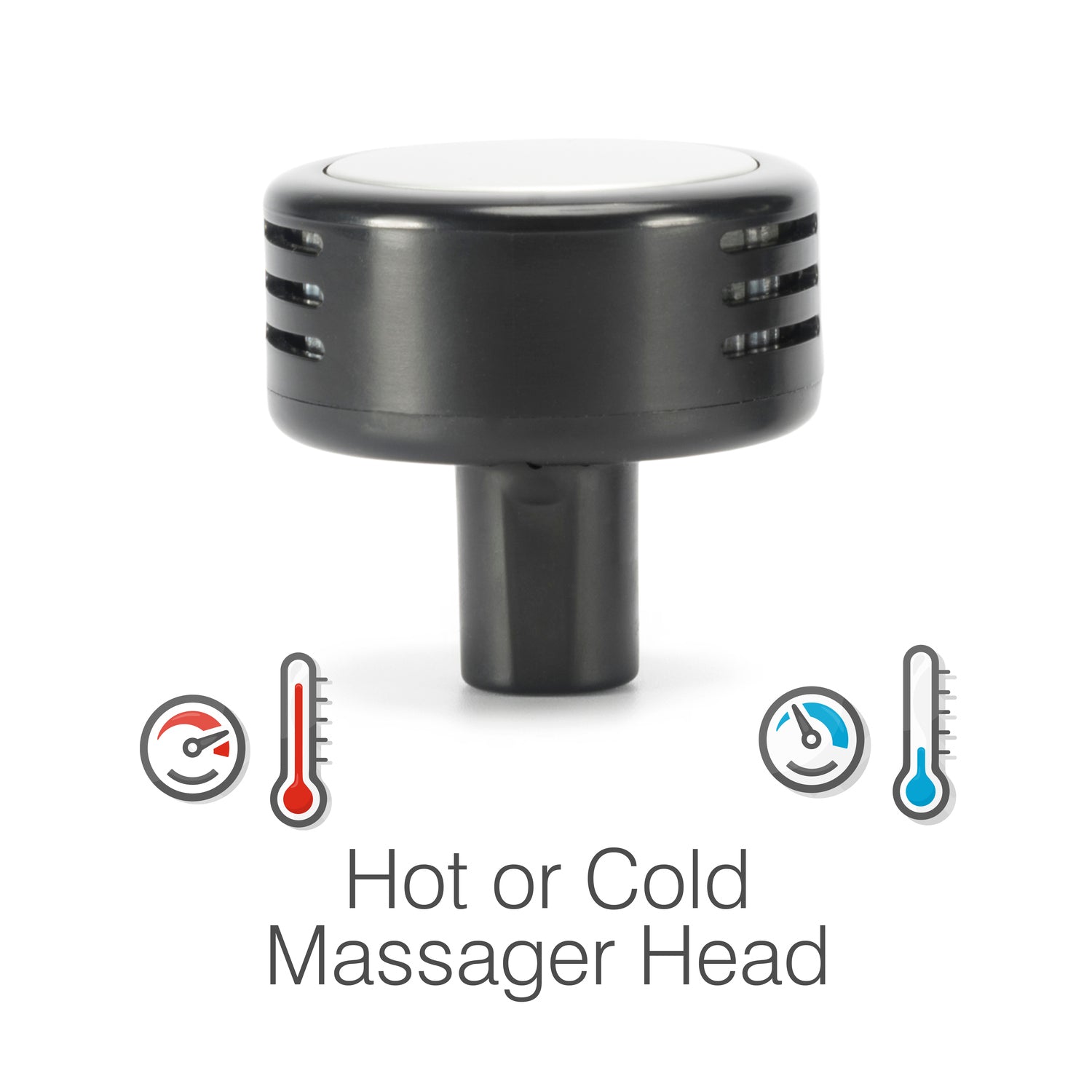A black massager head attachment appears above red and blue thermometer icons, with the text “Hot or Cold Massager Head”—perfect for muscle recovery when using your Hot & Cold Deep Tissue Massager Gun.