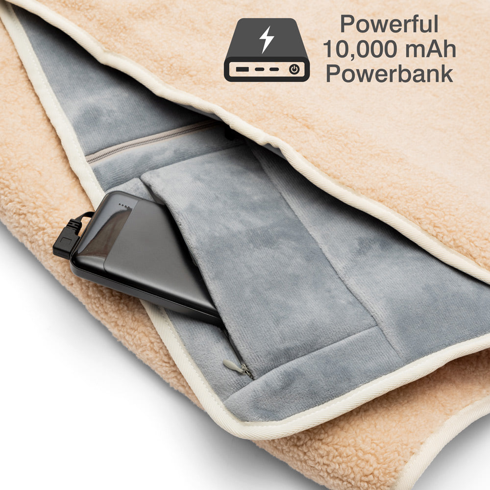The COZY Heated Throw & Seat Cover Pad - JORV is a soft beige and gray rechargeable blanket with a zippered pocket that holds a black 10,000 mAh power bank. Text reads: Powerful 10,000 mAh Powerbank with a power icon above the words.