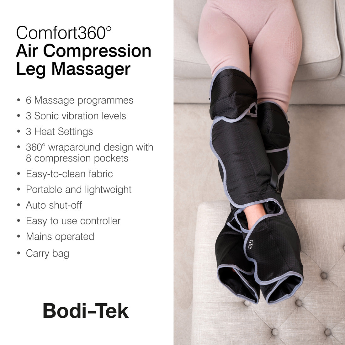 A person relaxes on a sofa with the Comfort360° Air Compression Half Leg Massager Boot, enjoying lower leg therapy. Features include 6 massage programmes, heat settings, easy-clean fabric, and a handy carry bag.