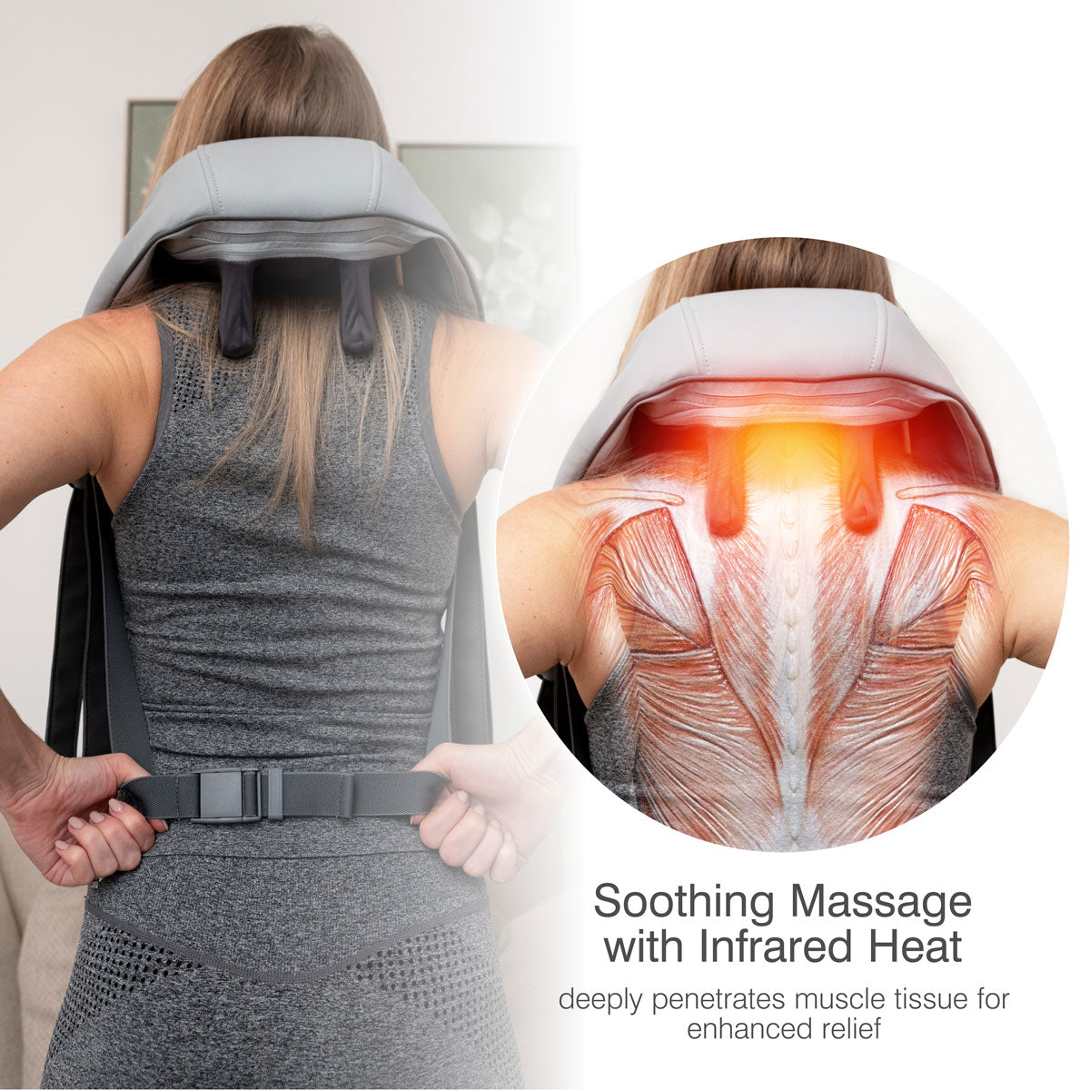 A woman uses the Ona Neck & Shoulder Massager with infrared heat. An inset shows muscles benefiting from deep relief. Text: Ona Neck & Shoulder Massager—infrared heat deeply penetrates muscles for enhanced comfort.
