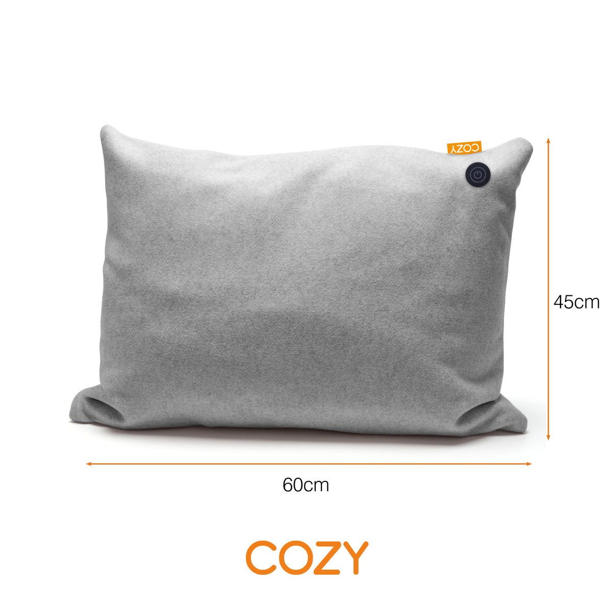 Heated grey cushion showing dimensions - 45cm x 60cm