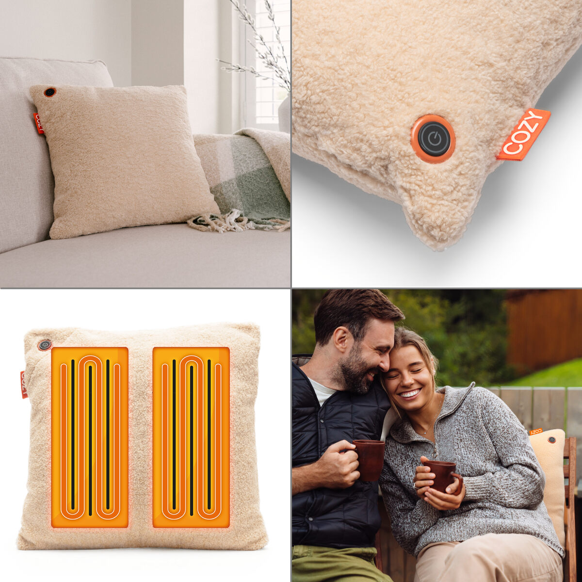 A collage features the COZY Heated Cushion Cordless - UNA Woolly (45cm x 45cm) on a couch, close-ups of its button and label, the back view showing heating elements, and a smiling couple outdoors using it while drinking from mugs.