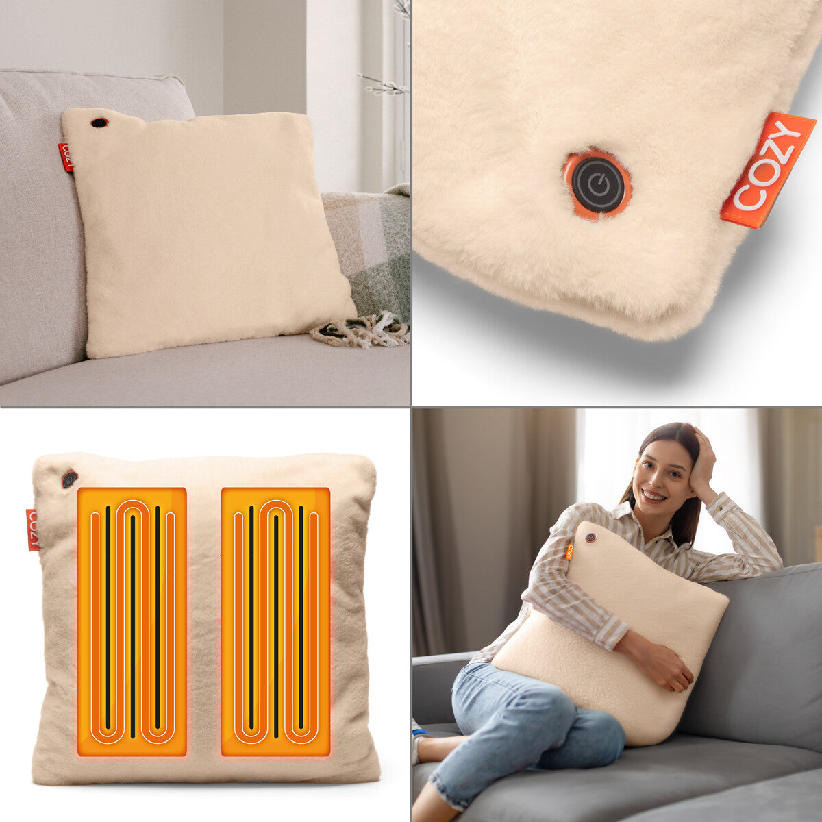 A collage displays the COZY Heated Cushion Cordless - UNA Faux Fur (45cm x 45cm) on a couch, its power button up close, visible internal heating elements, and a smiling woman hugging the cushion while seated on a sofa.