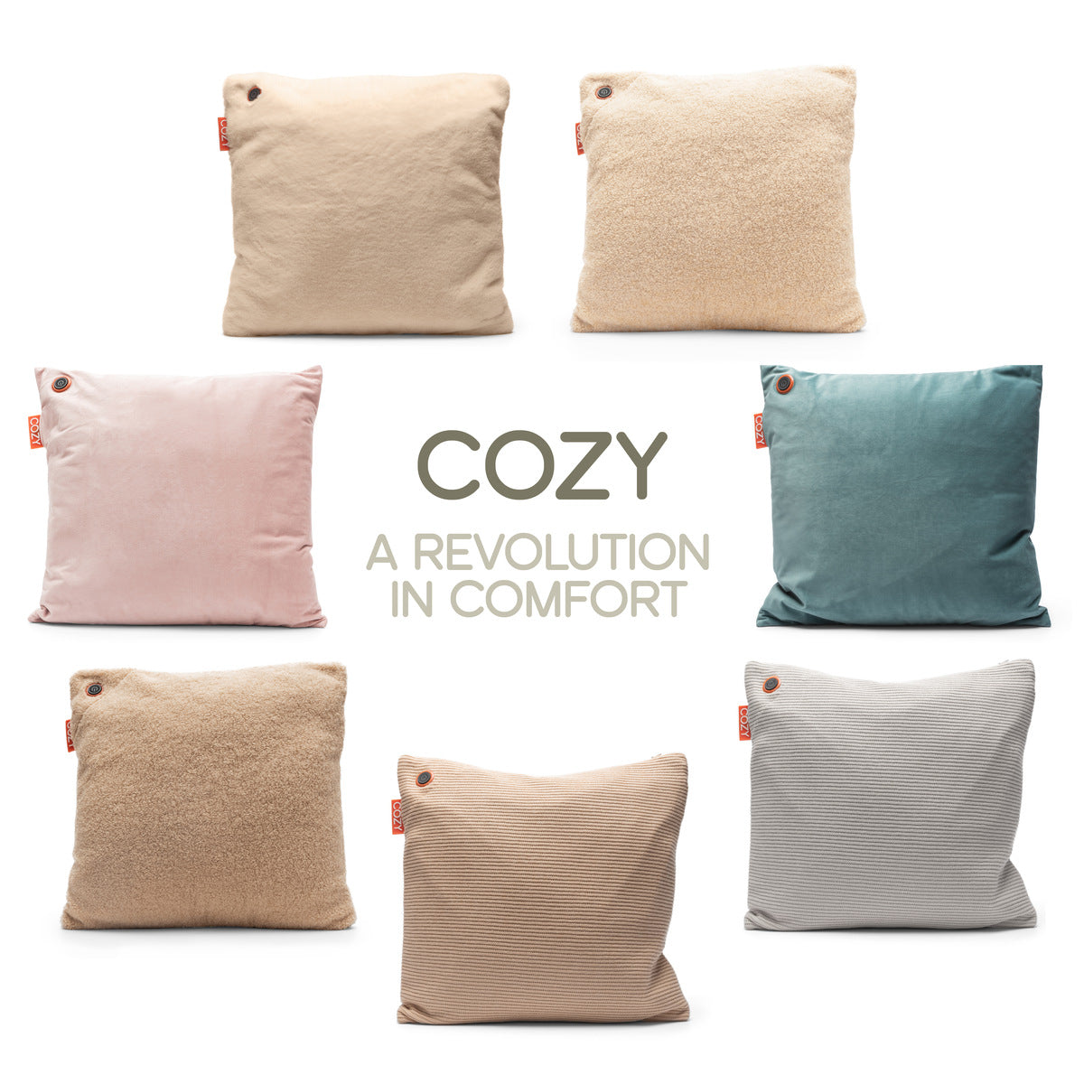 Seven pastel beige, pink, blue, and gray COZY Heated Cushion Cordless - UNA Faux Fur (45cm x 45cm) pillows with red tags surround COZY A REVOLUTION IN COMFORT on white. Each pillow provides warmth with USB heating.