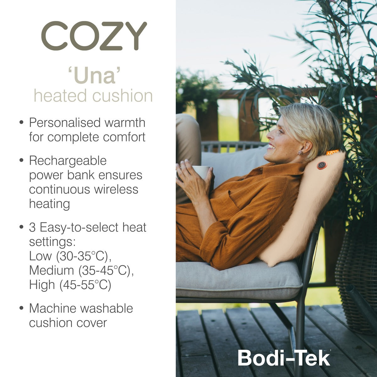 A woman sits outdoors on a patio chair leaning against a COZY Heated Cushion Cordless - UNA Faux Fur (45cm x 45cm), next to text listing features including rechargeable wireless heating, three heat settings, and a machine washable cover.