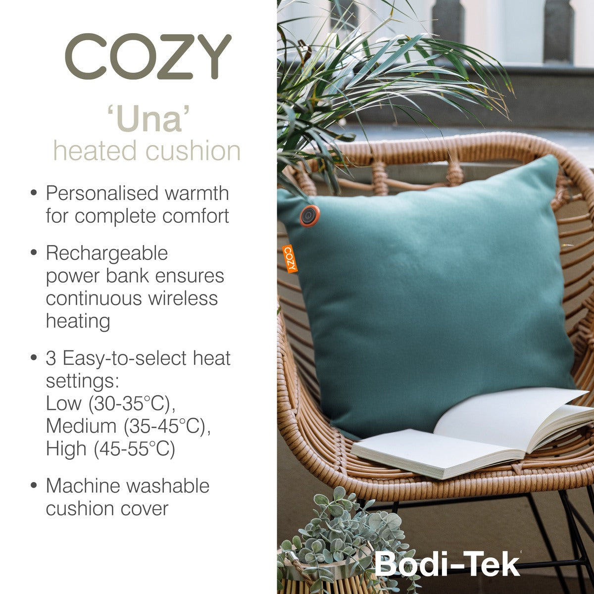 A teal, square, wireless COZY Heated Cushion Cordless - UNA Velvet sits on a wicker chair next to a list of features including a rechargeable battery, three heat settings, and a washable cover.