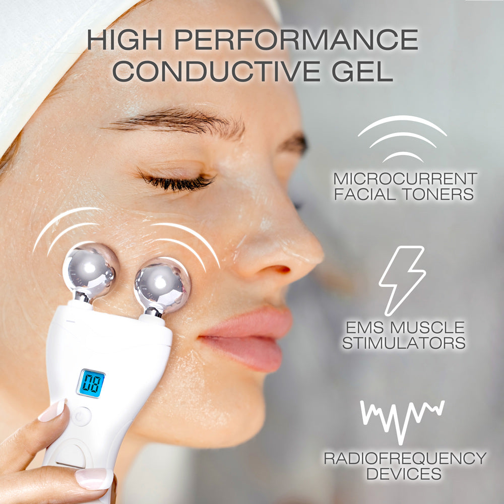 A woman applies a handheld device with silver spheres to her cheek. Text: "EMS, TENS & Micro-Current Toning Conductive Gel 85ml," ideal for facial toners, EMS muscle stimulators, and radiofrequency devices.