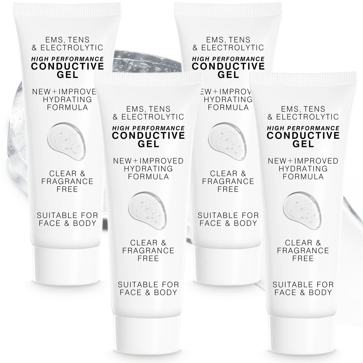 Four upright tubes of EMS, TENS, Electrolytic and Micro-Current Toning Conductive Gel (4 x 85ml) for face and body are clear, fragrance-free, hydrating, and ideal for device gel treatments—displayed on a light background.