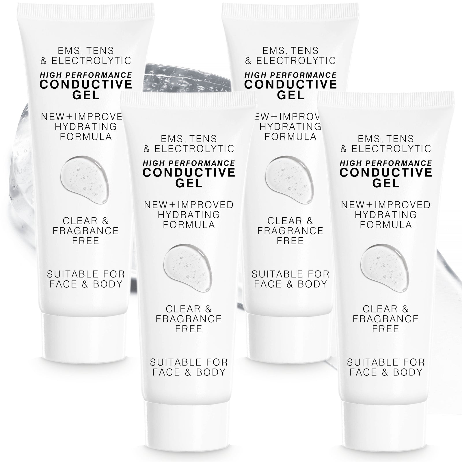 Four upright tubes of EMS, TENS, Electrolytic and Micro-Current Toning Conductive Gel (4 x 85ml) for face and body are clear, fragrance-free, hydrating, and ideal for device gel treatments—displayed on a light background.