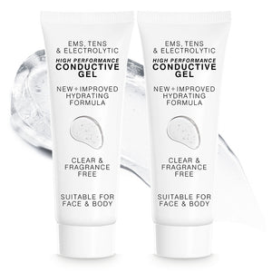 Two white tubes of EMS, TENS, Electrolytic and Micro-Current Toning Conductive Gel (2 x 85ml)—clear, fragrance-free, hydrating formula for face and body use with any microcurrent device—shown before a swirl of clear gel.
