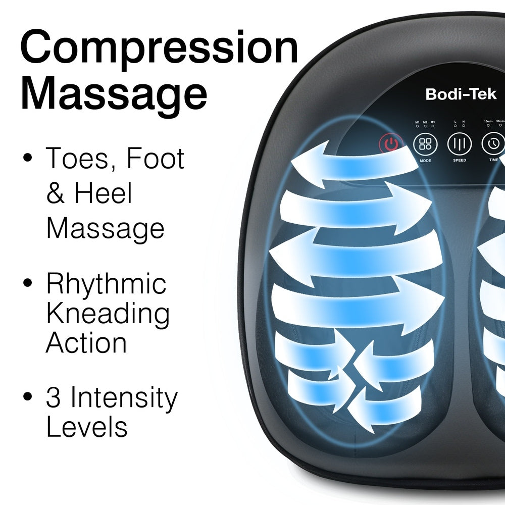 Close-up of the Foot-Therapy 3 in 1 Massager showing labeled features: shiatsu, toe, foot & heel massage, rhythmic kneading, and 3 intensity levels. Blue arrows highlight its circulation-boosting effect in the foot wells.