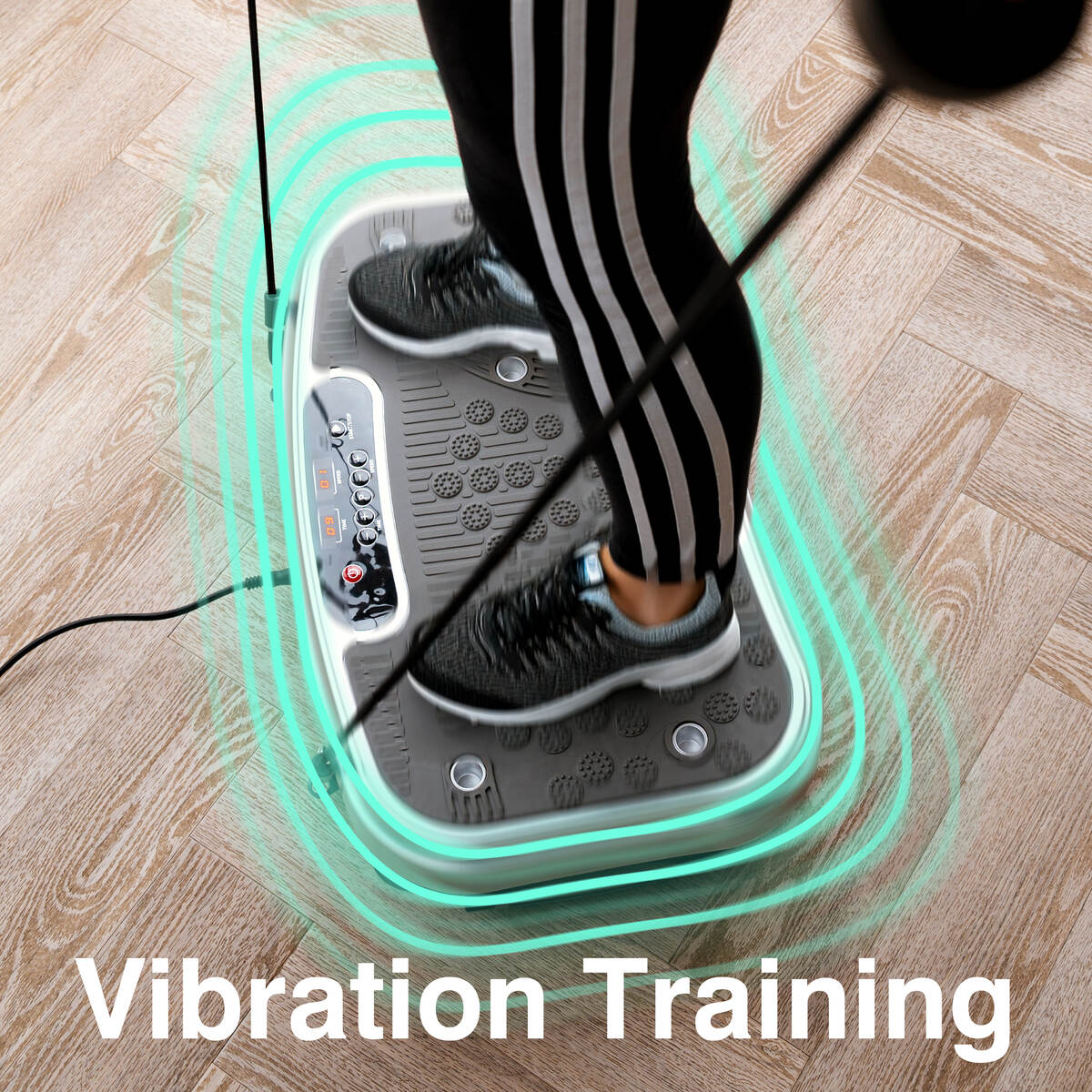 A person in black trainers and striped athletic leggings stands on the Vibration Plate Exerciser Pro with a glowing LED edge, performing vibration exercises for muscle toning and fat burning; Vibration Training is shown at the bottom.