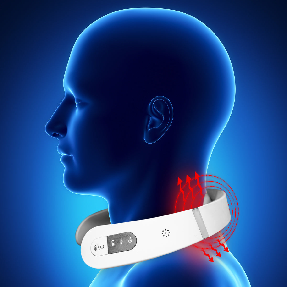 A digital illustration shows a blue human head and neck profile using the Neck & Shoulder Massager, featuring white design and red lines that indicate soothing heat or vibration on the neck area.