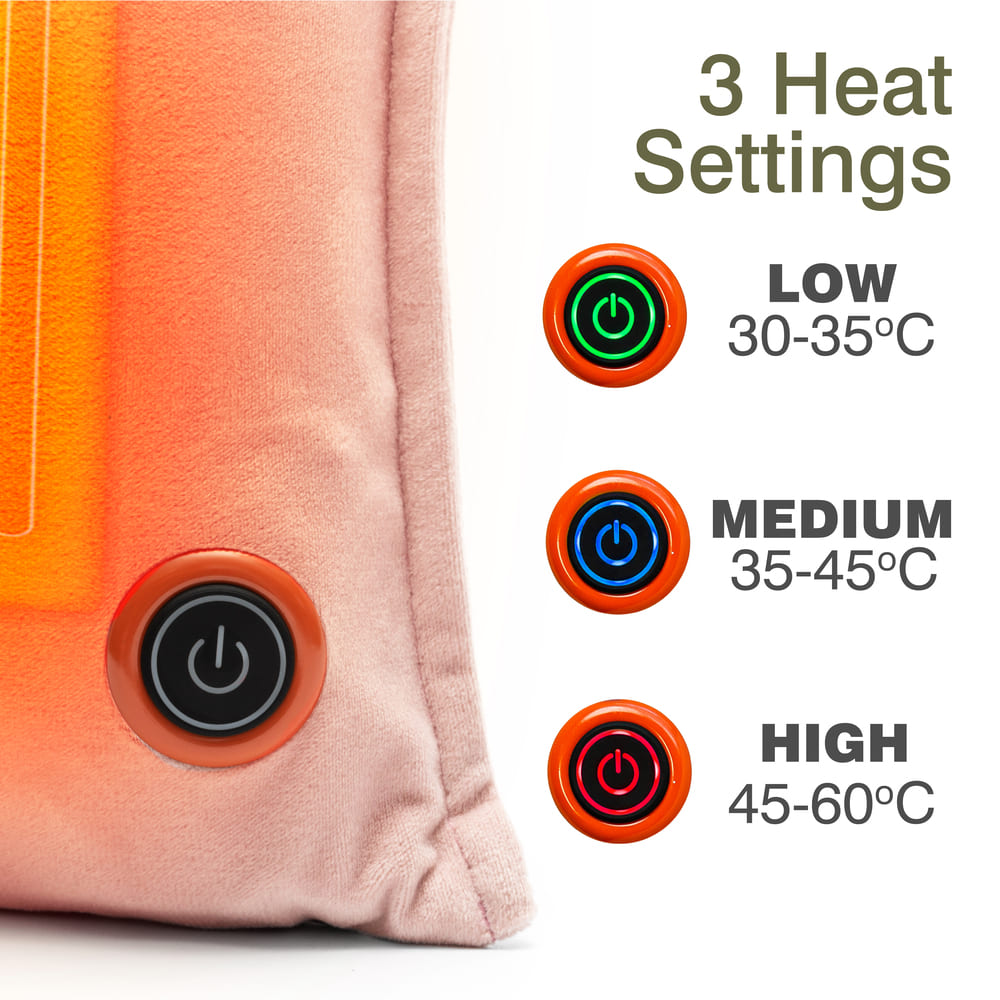 Close-up of the Cozy UNA Rechargeable Hot Water Bottle, a soft pink heated cushion with a power button. Text displays 3 heat settings: LOW (30-35°C, green), MEDIUM (35-45°C, blue), HIGH (45-60°C, red) and matching indicator lights.