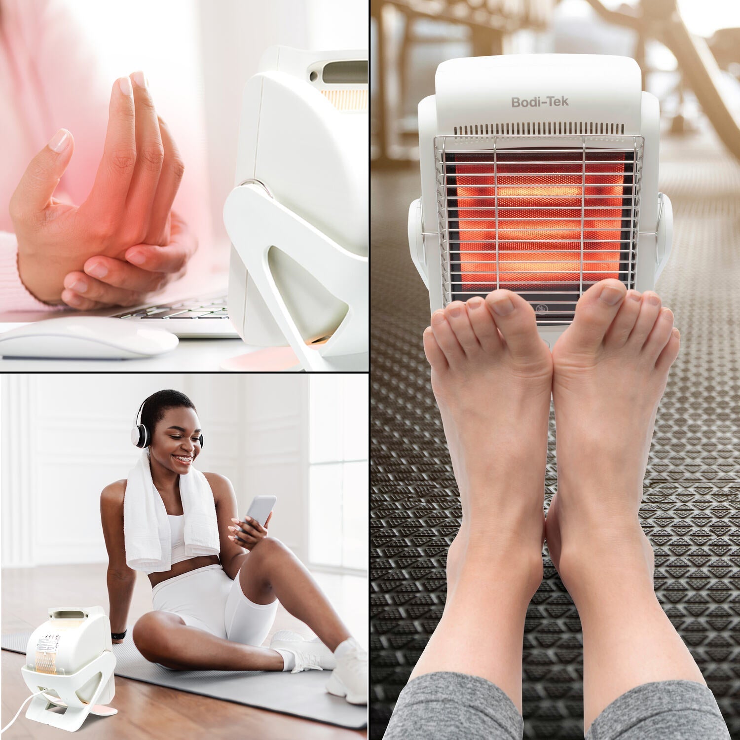 A collage features the Infrared Heat Lamp: a close-up warming a hand, a woman using it on the floor with her phone, and feet in front—ideal for promoting blood circulation with soothing infrared heat therapy.