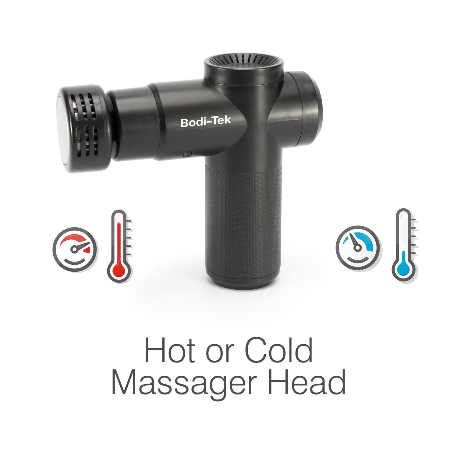Black Hot & Cold Deep Tissue Massager Gun with a cylindrical head, shown between hot and cold thermometer icons. Text: Hot or Cold Massager Head for effective muscle recovery.