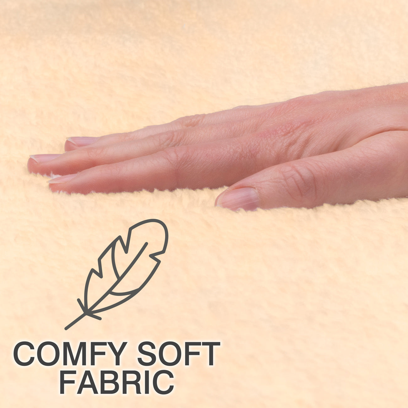 A hand gently touches a soft, light-colored fabric—ideal for the COZY Heated Throw & Seat Cover Pad - JORV. A feather icon and “COMFY SOFT FABRIC” appear in the lower left corner.