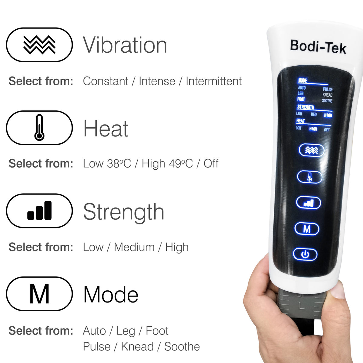 A hand holds a Comfort360° Air Compression Full Leg Massager Boot with a screen showing adjustable Vibration, Heat, Strength, and Mode. Four control buttons are visible, allowing for customizable and effective full-leg compression massage.