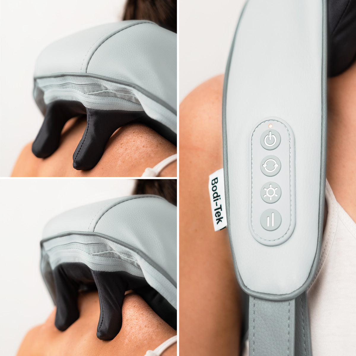 A close-up shows someone using the Ona Neck & Shoulder Massager in grey, featuring kneading nodes and a control panel with four buttons. The device provides deep tissue relief across the shoulders for effective relaxation.