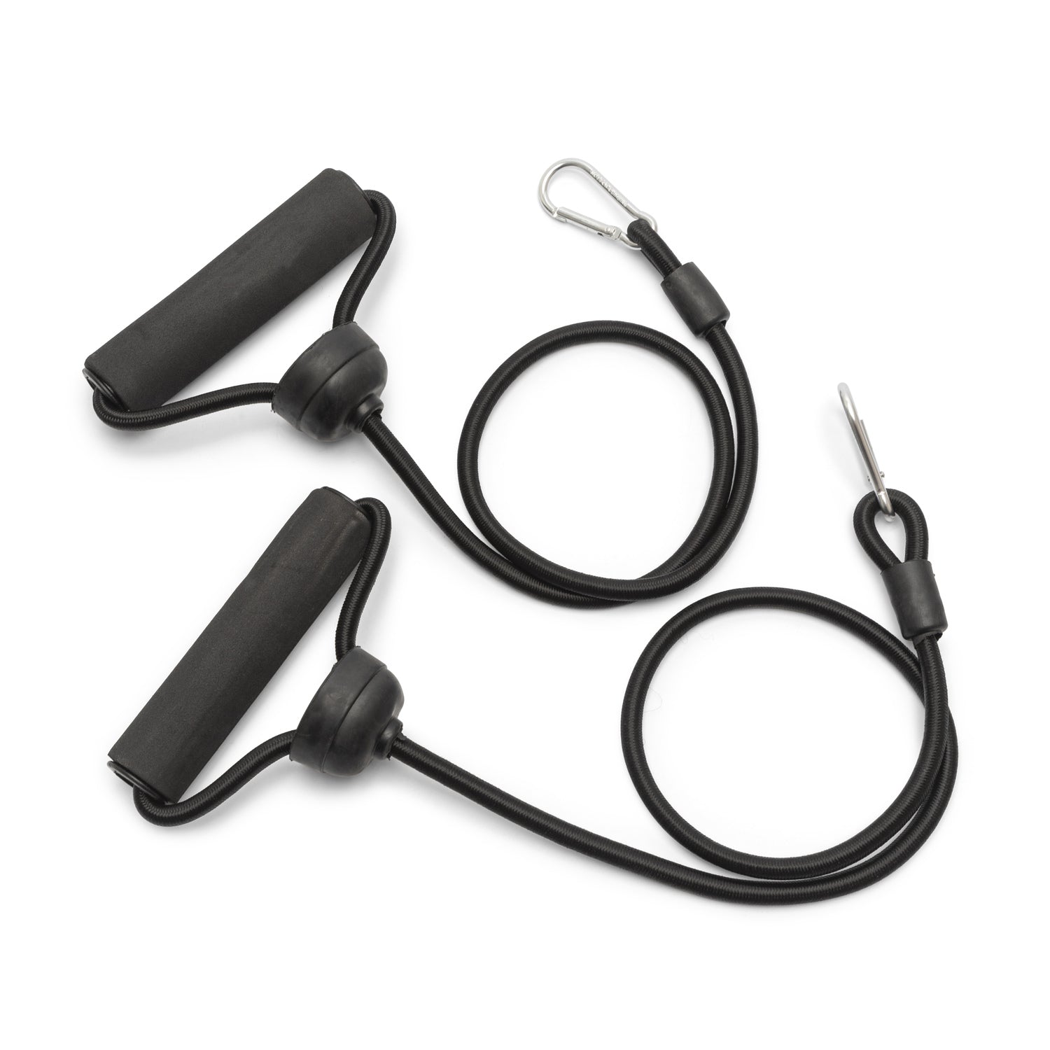 A pair of black resistance bands with foam handles and metal carabiner clips, coiled on a white background—ideal for a full body workout or use with the Whole Body Vibration Training Exercise Plate.