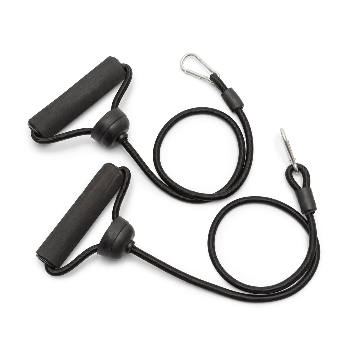 A set of 2 black resistance cords for whole body vibration training exercise plates, featuring foam handles and metal carabiner clips—ideal for intensifying your vibration workouts.