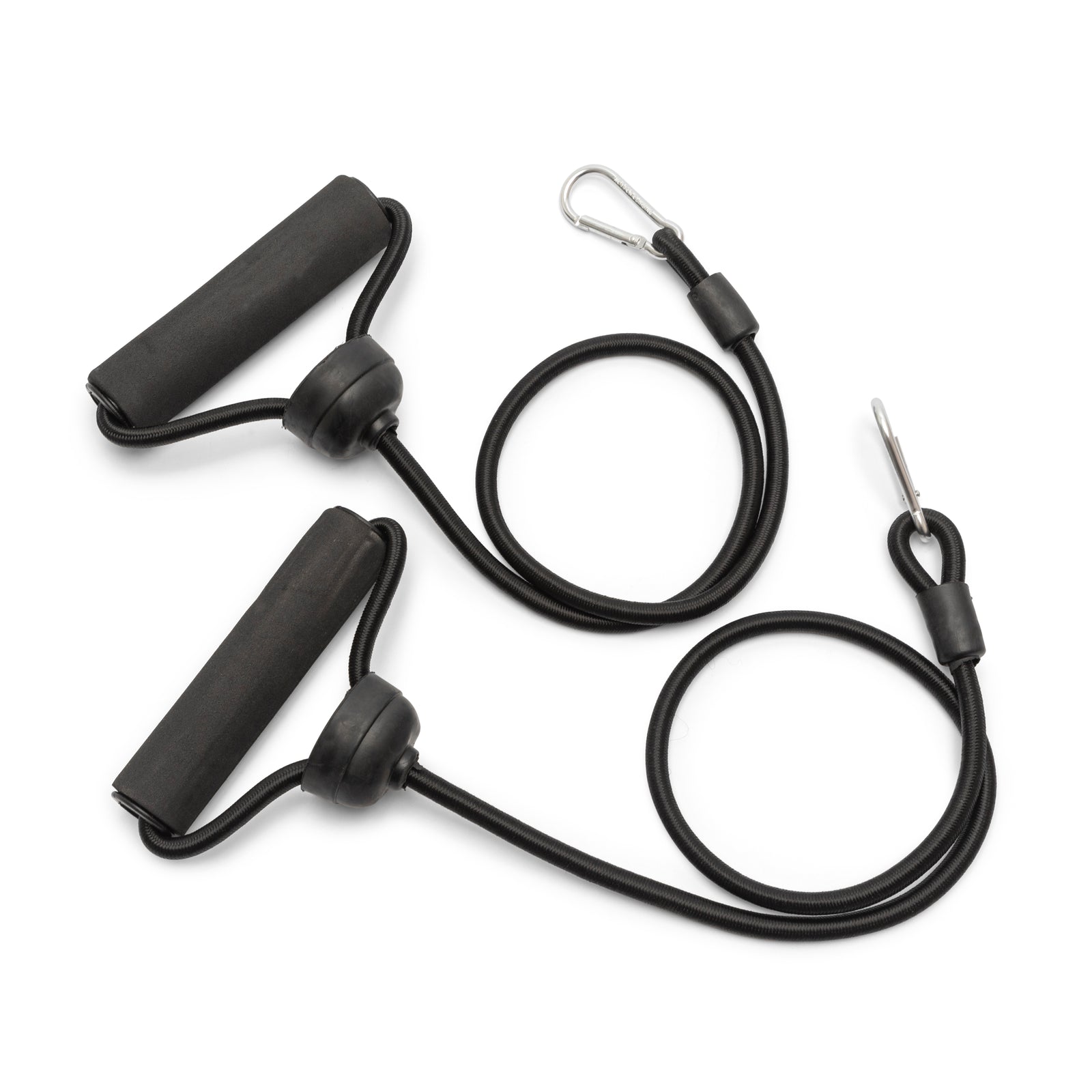 A set of 2 black resistance cords for whole body vibration training exercise plates, featuring foam handles and metal carabiner clips—ideal for intensifying your vibration workouts.