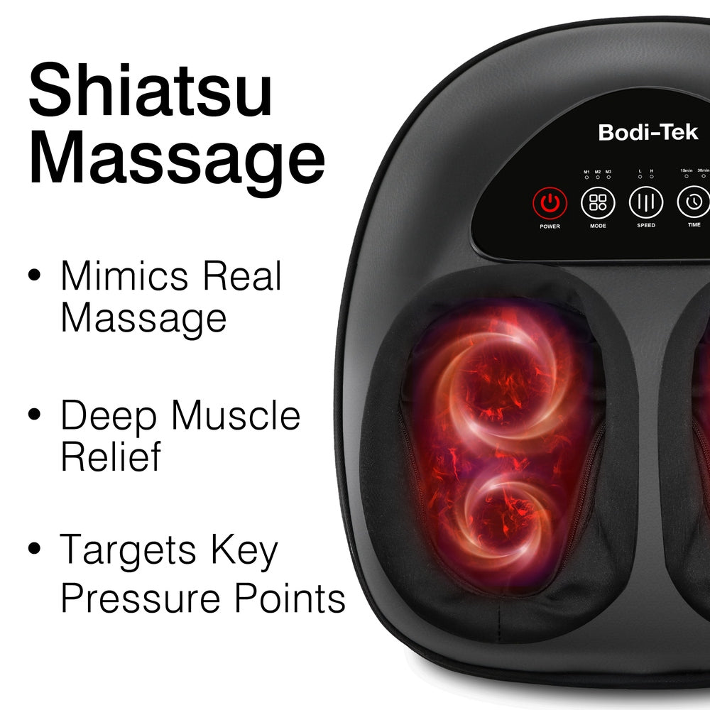 Close-up of a Foot-Therapy 3 in 1 Massager with glowing red shiatsu nodes. Text beside it reads: Shiatsu Massage—Real Massage Feel, Deep Muscle Relief, Boost Circulation, Targets Key Pressure Points.