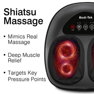 Close-up of a Foot-Therapy 3 in 1 Massager with glowing red shiatsu nodes. Text beside it reads: Shiatsu Massage—Real Massage Feel, Deep Muscle Relief, Boost Circulation, Targets Key Pressure Points.