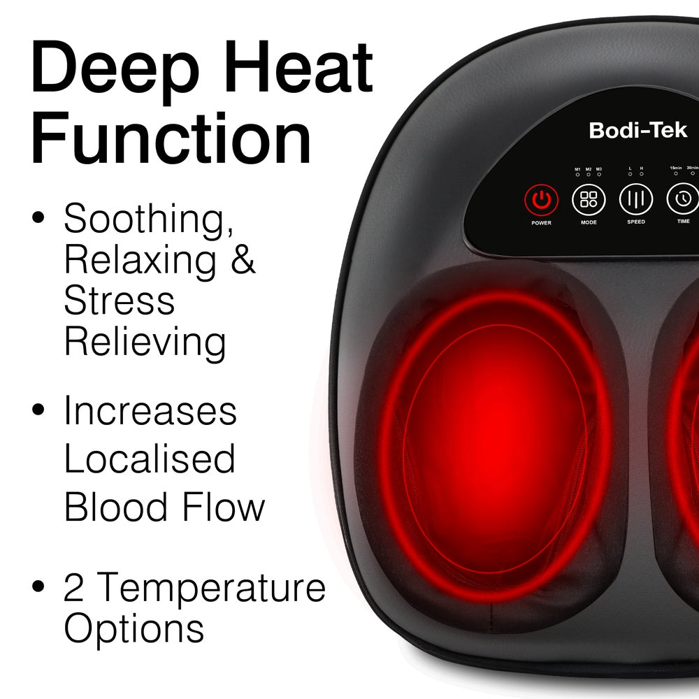 Close-up of the Foot-Therapy 3 in 1 Massager with glowing red lights showing its heating function. Text highlights deep heat benefits: soothes, relaxes, improves circulation, and features two temperature settings.