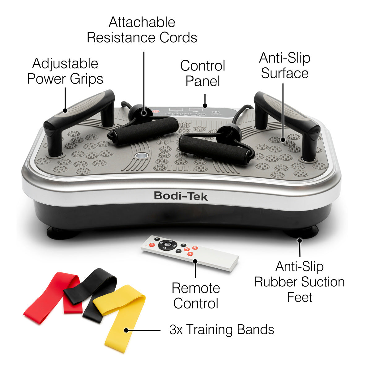 The Vibration Plate Exerciser Pro features attachable resistance cords, adjustable power grips, control panel, anti-slip surface and feet, remote control, and three training bands for effective fat burning and muscle toning workouts.
