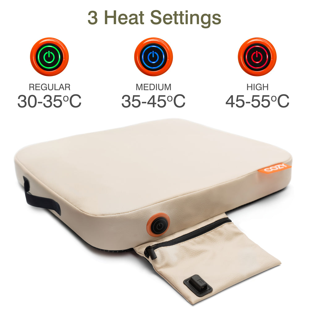 The COZY Cordless Heated Seat Pad - JORD, shown in beige with a pocket for the power controller, features three heat settings: Regular (30-35°C), Medium (35-45°C), and High (45-55°C).