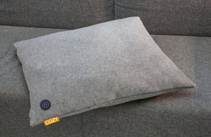 Grey heated cushion on a grey sofa.