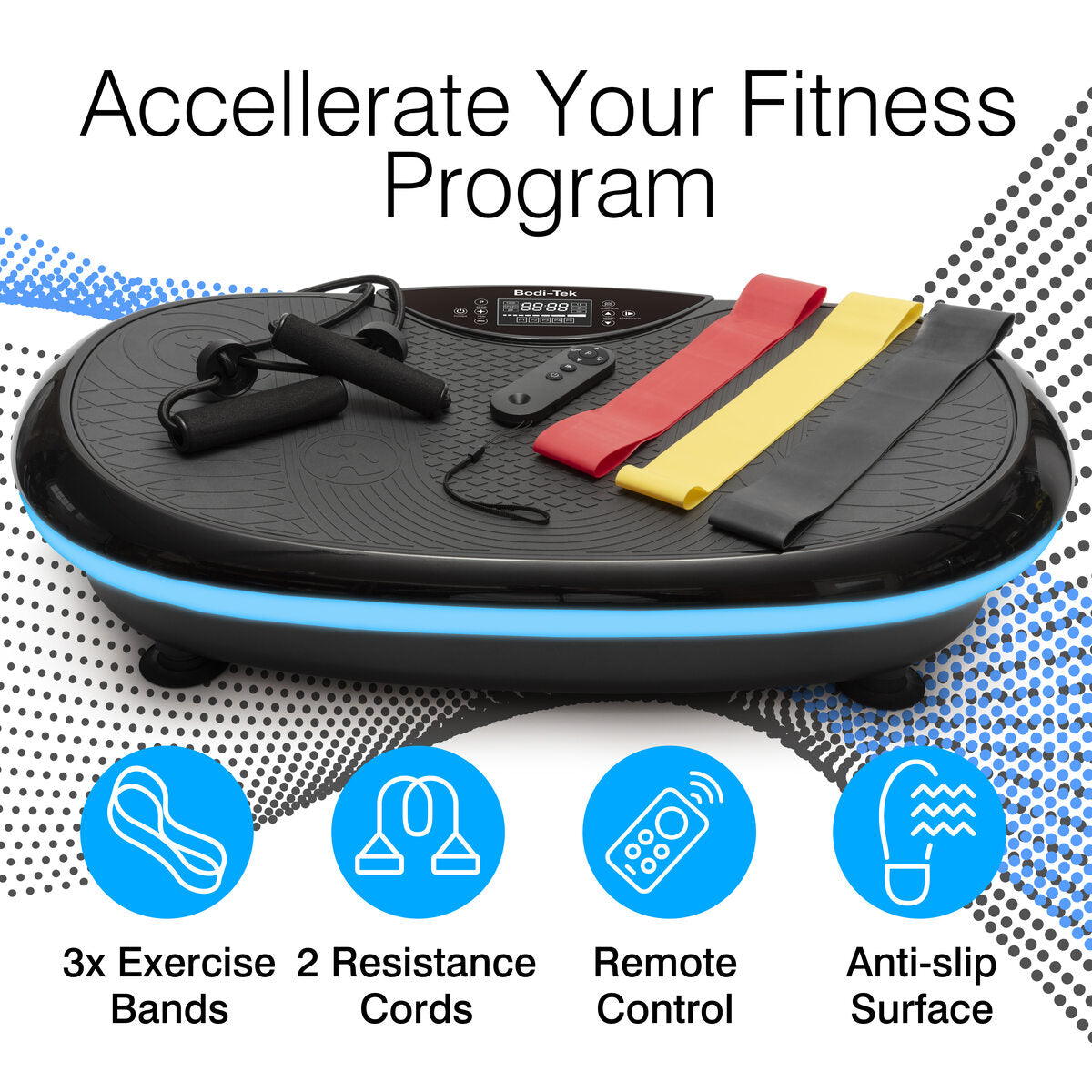 The 4D Vibration Plate Exercise Machine features three exercise bands, two resistance cords, a remote control, and an anti-slip surface. Its blue, white, and black design makes it ideal for a full-body workout.