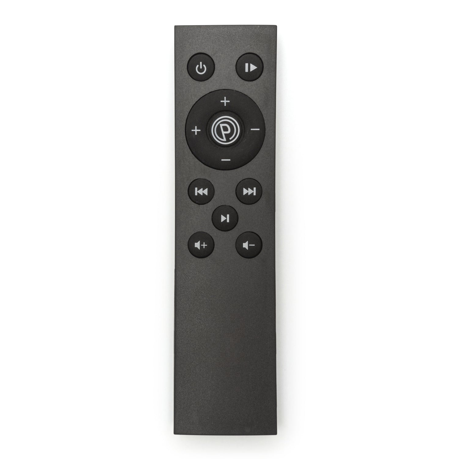 A black, rectangular Remote Control for the Bodi-Tek Whole Body Vibration Training Plate, featuring circular directional buttons, volume and playback controls, a power button, and a central “P” logo button.