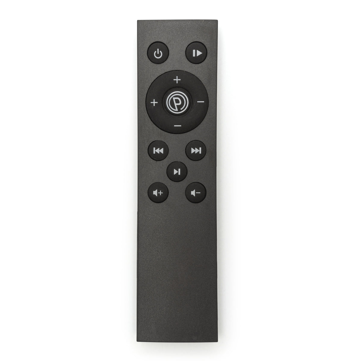 A black, rectangular Remote Control for the Bodi-Tek Whole Body Vibration Training Plate, featuring circular directional buttons, volume and playback controls, a power button, and a central “P” logo button.