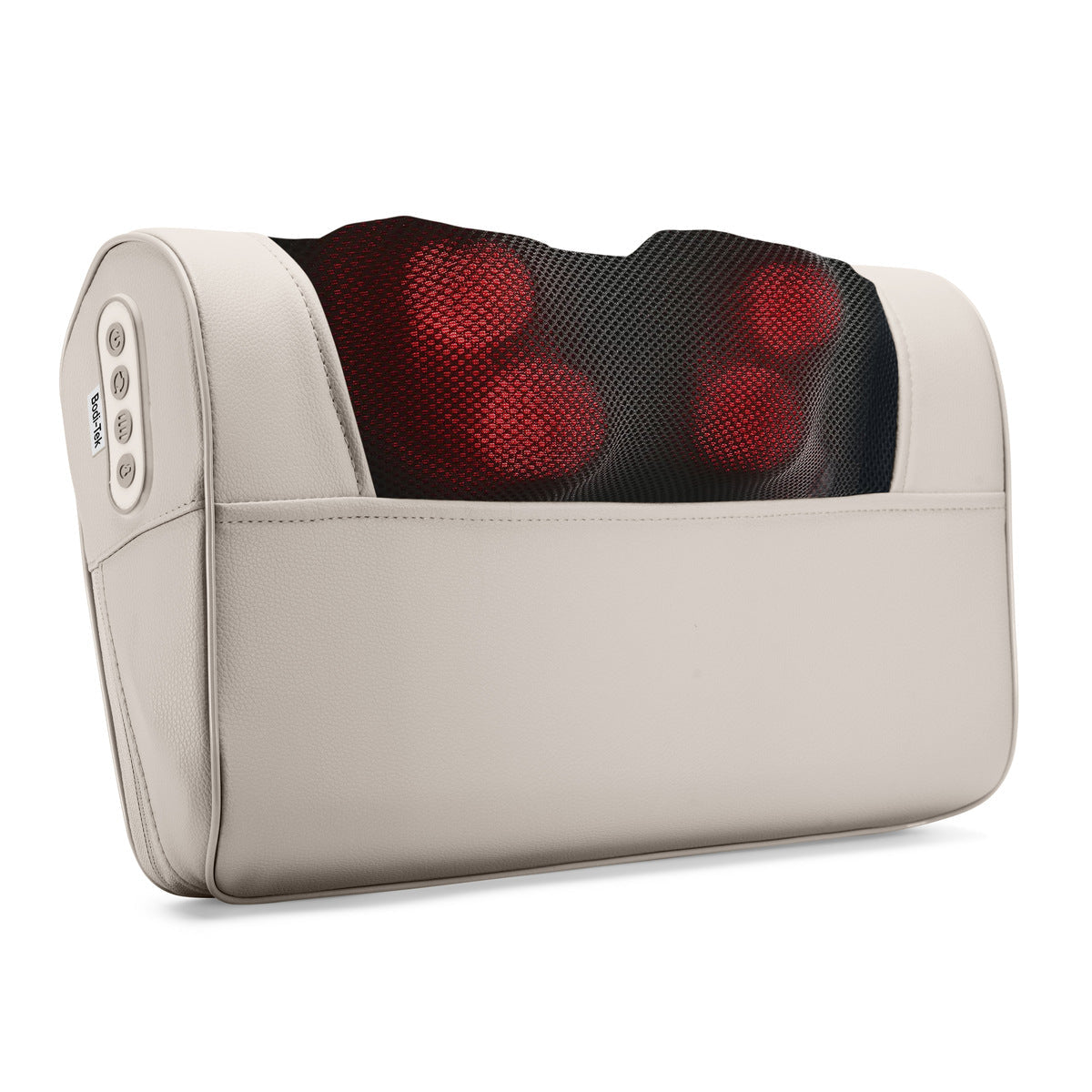 The Bodi-Tek Nordic Relief Shiatsu Massager in beige has black mesh, four glowing red rotating massage nodes for deep tissue relief, side control buttons, and is ideal for neck and back massage.