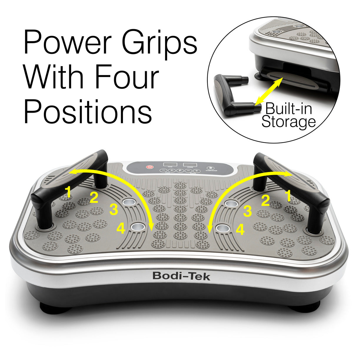 The Vibration Plate Exerciser Pro features Power Grips With Four Positions, numbered handles with built-in storage under the plate—ideal design for effective vibration exercises to burn fat and tone muscle.