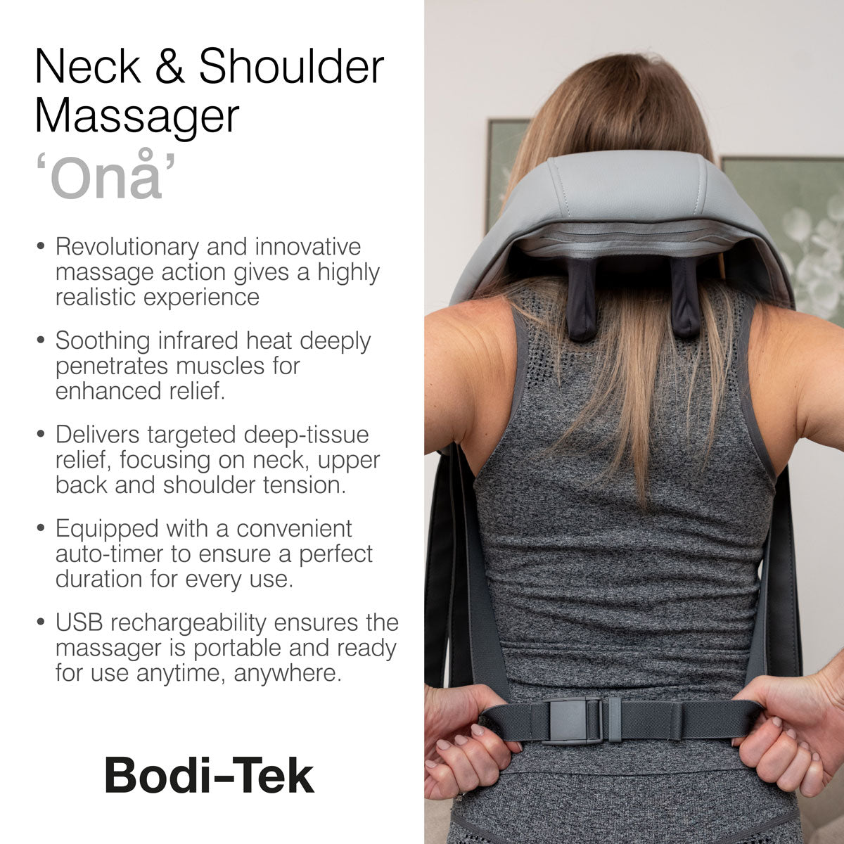 A woman enjoys deep tissue relief at home with the Ona Neck & Shoulder Massager, wearing it over her shoulders while standing. Key features like infrared heat are displayed on the image’s left side.