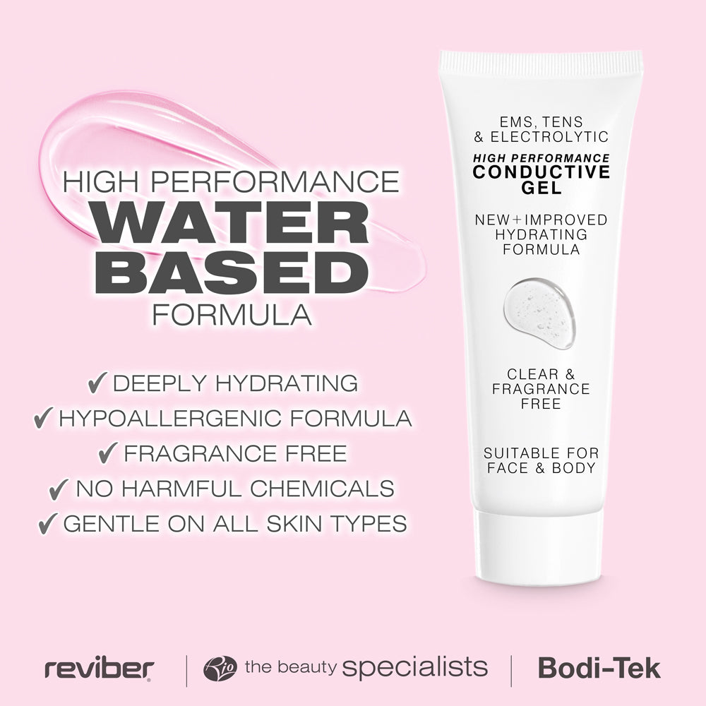 A white tube of EMS, TENS & Micro-Current Toning Conductive Gel 85ml with text: "Water-based, deeply hydrating, hypoallergenic, fragrance free, no harmful chemicals, gentle on all skin types." Reviber, The Beauty Specialists & Bodi-Tek logos below.