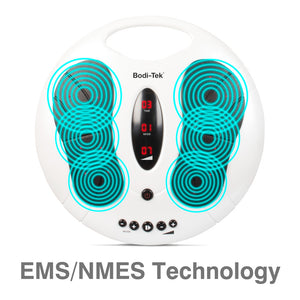 A round, white Circulation Plus Active Lower Leg & Foot Exerciser (2025) with blue pads, digital display, control buttons, and handle uses EMS/NMES technology for targeted muscle stimulation and lower leg exercise.