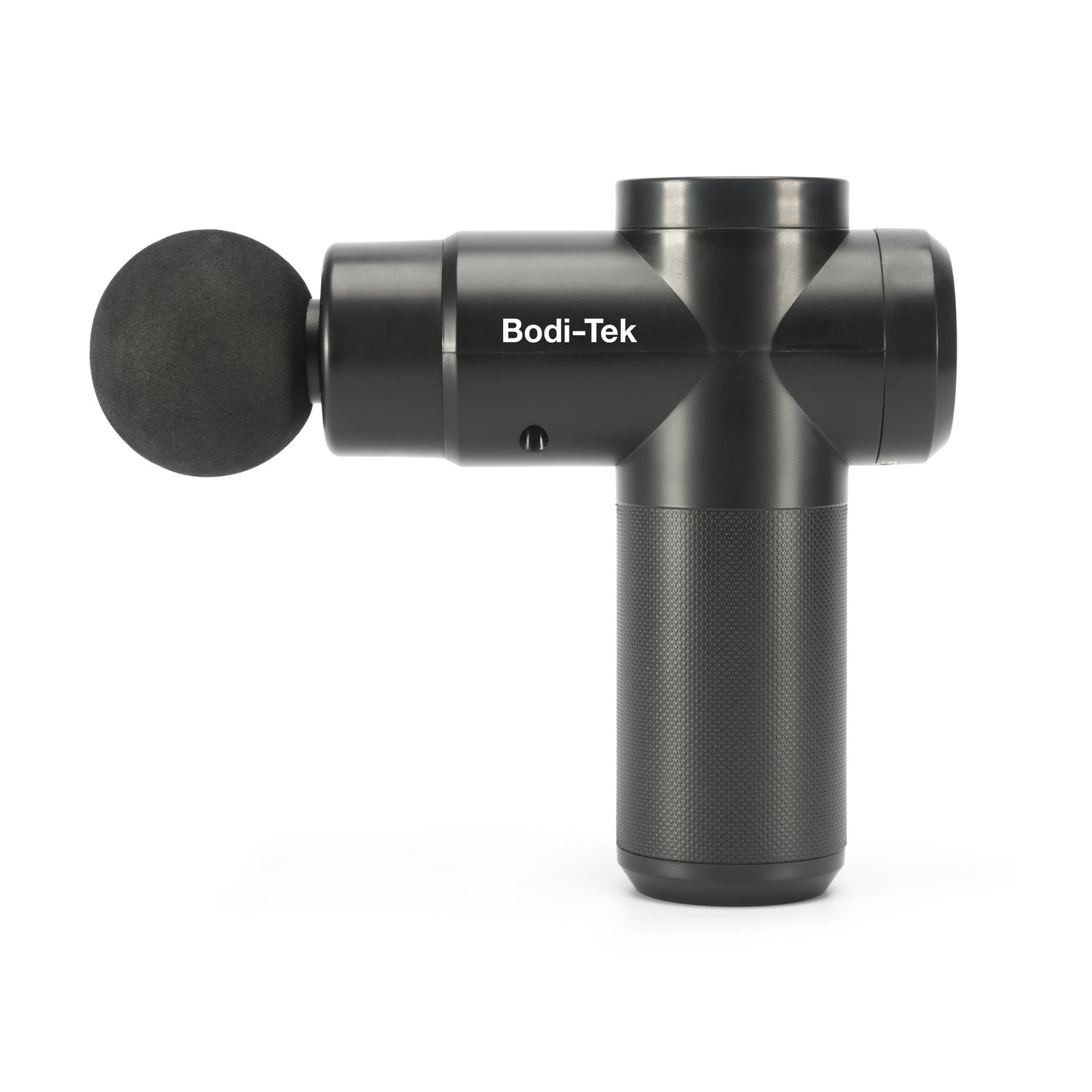 The Hot & Cold Deep Tissue Massager Gun, a black handheld device with a rounded attachment, is shown against a plain white background—perfect for effective muscle recovery.