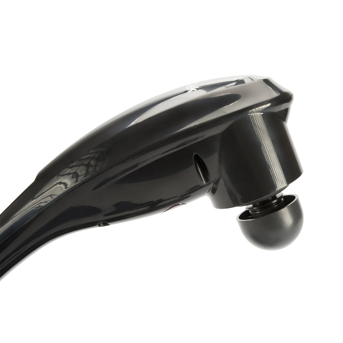 Close-up of the Deep Tissue Cordless Percussion Massager in black, highlighting its rounded massage head attachment for relieving muscle stiffness, set against a white background.