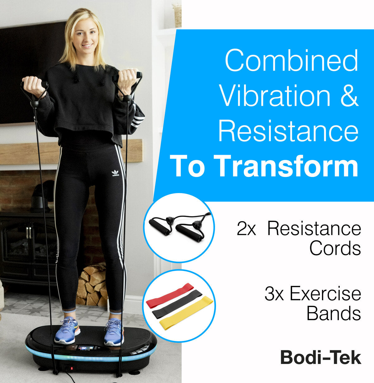 A woman uses the Bodi-Tek 4D Vibration Plate Exercise Machine, holding resistance cords. Text: Burn Fat with Combined 4D Vibration & Resistance. Includes 2x resistance cords & 3x exercise bands for a full body workout.