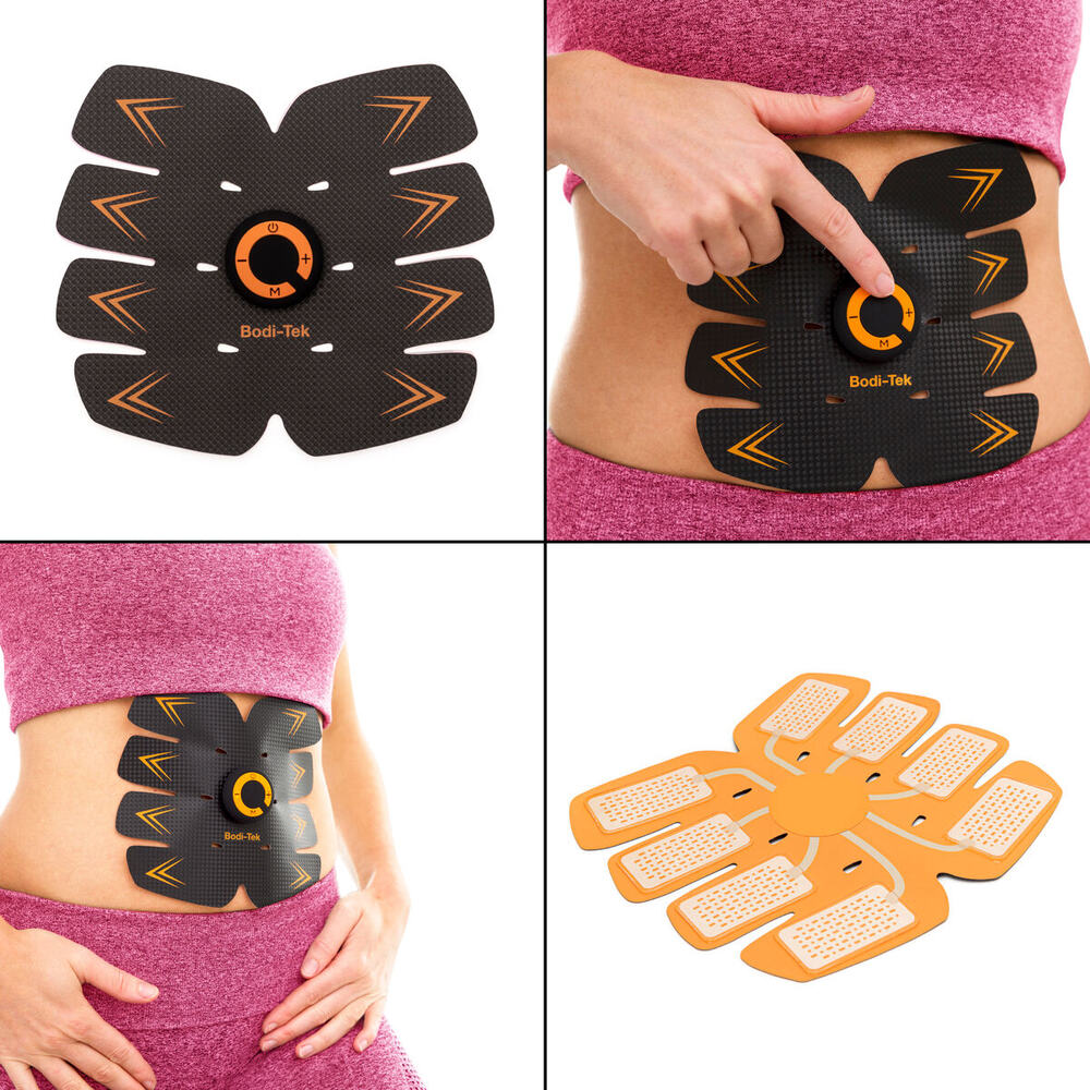 A collage displays the Ab Trainer with EMS tech: a close-up of the device, adhesive pads, application on the abdomen, and a user in pink workout clothes wearing it.