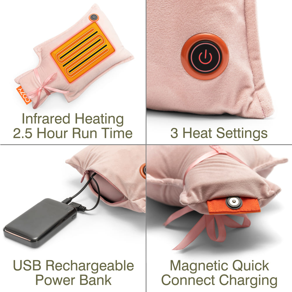 Four images show the Cozy UNA Rechargeable Hot Water Bottle in pink, featuring infrared heating (2.5-hour runtime), three heat settings (with power button), USB rechargeable power bank, and a magnetic quick-connect charging port.