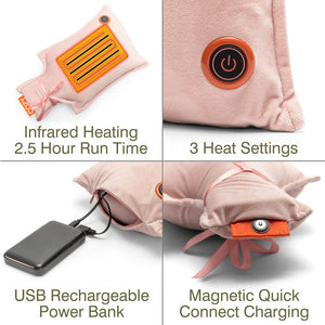 Four images show the Cozy UNA Rechargeable Hot Water Bottle in pink, featuring infrared heating (2.5-hour runtime), three heat settings (with power button), USB rechargeable power bank, and a magnetic quick-connect charging port.