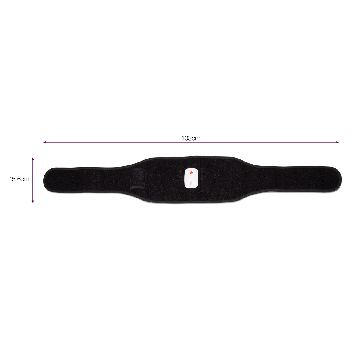 The Smart Fitness EMS Muscle Toning Belt is a black, adjustable waist toner with a small white rectangular device in the center, measuring 103 cm long and 15.6 cm wide, shown laid flat on a white background.