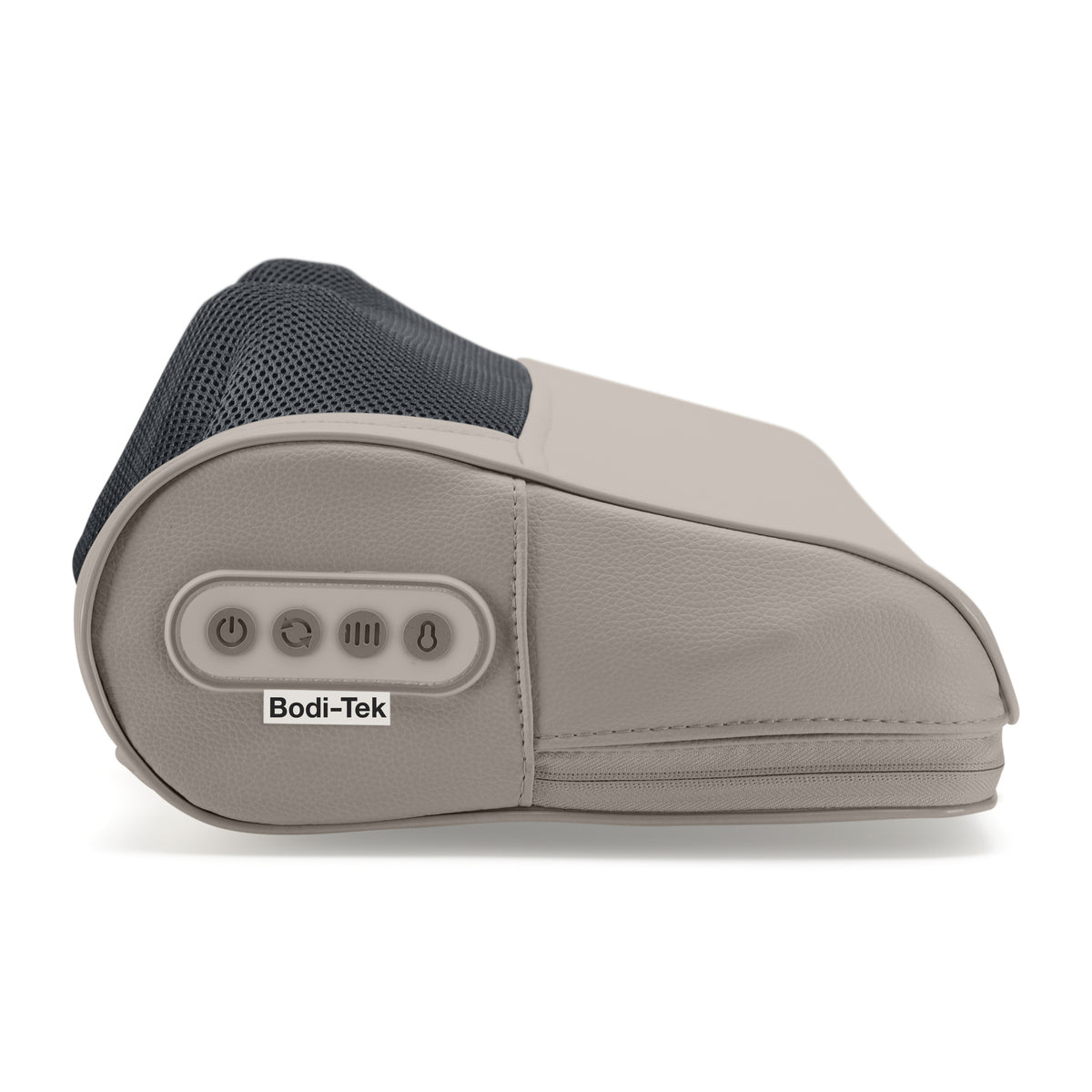 A close-up side view of the Bodi-Tek Nordic Relief Shiatsu Massager in beige and black, highlighting control buttons for power and settings on the side panel.